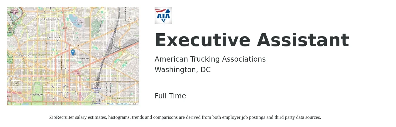 American Trucking Associations job posting for a Executive Assistant in Washington, DC with a salary of $56,700 to $85,100 Yearly with a map of Washington location.
