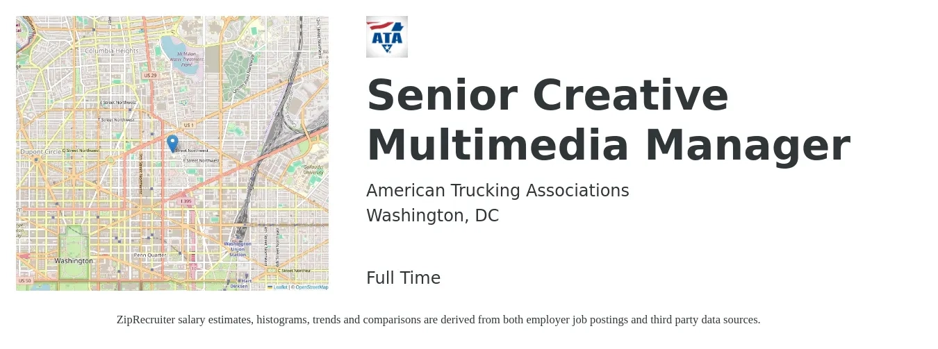 American Trucking Associations job posting for a Senior Creative Multimedia Manager in Washington, DC with a salary of $67,000 to $103,300 Yearly with a map of Washington location.