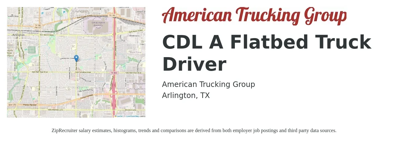 American Trucking Group job posting for a CDL A Flatbed Truck Driver in Arlington, TX with a salary of $5,000 Weekly with a map of Arlington location.