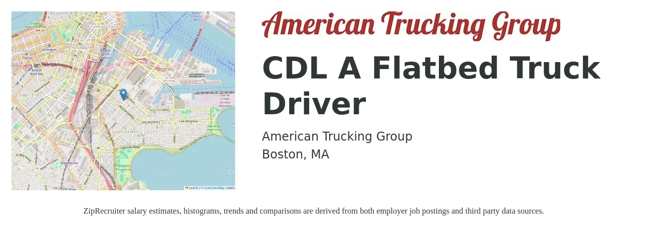 American Trucking Group job posting for a CDL A Flatbed Truck Driver in Boston, MA with a salary of $5,000 Weekly with a map of Boston location.