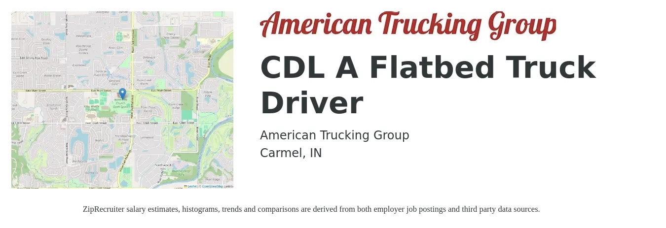 American Trucking Group job posting for a CDL A Flatbed Truck Driver in Carmel, IN with a salary of $5,000 Weekly with a map of Carmel location.
