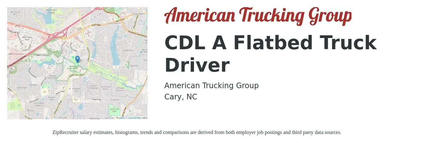 American Trucking Group job posting for a CDL A Flatbed Truck Driver in Cary, NC with a salary of $5,000 Weekly with a map of Cary location.