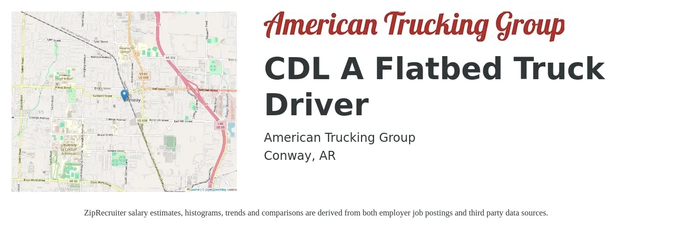 American Trucking Group job posting for a CDL A Flatbed Truck Driver in Conway, AR with a salary of $5,000 Weekly with a map of Conway location.