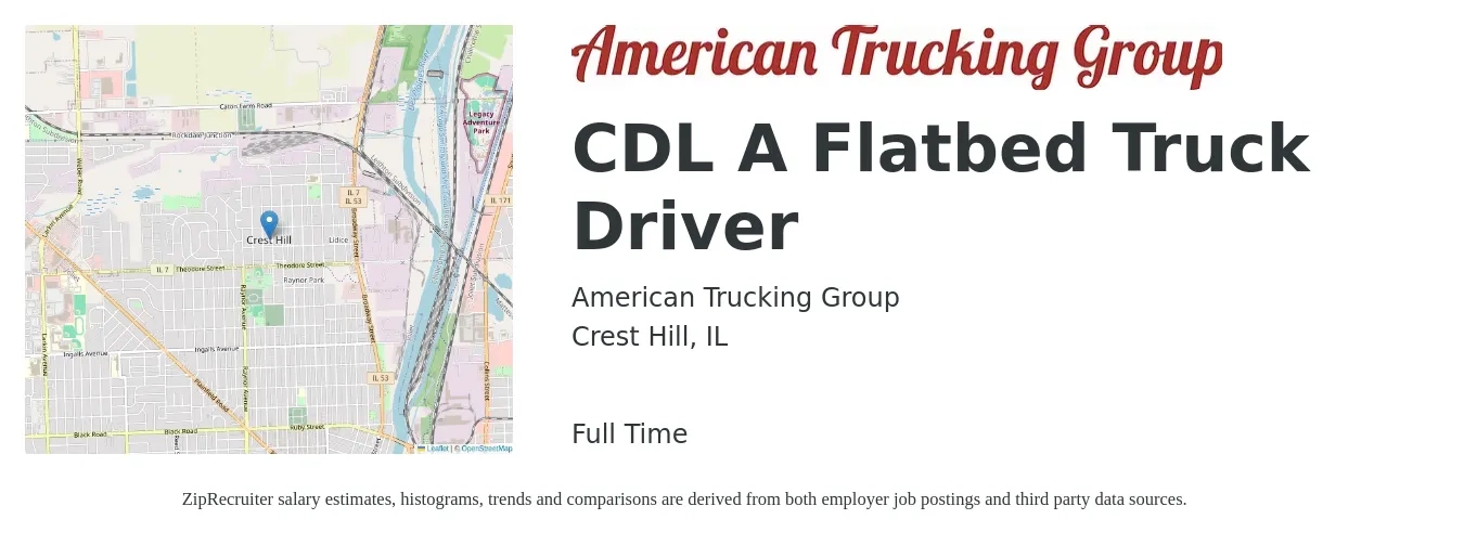 American Trucking Group job posting for a CDL A Flatbed Truck Driver in Crest Hill, IL with a salary of $5,000 Weekly with a map of Crest Hill location.