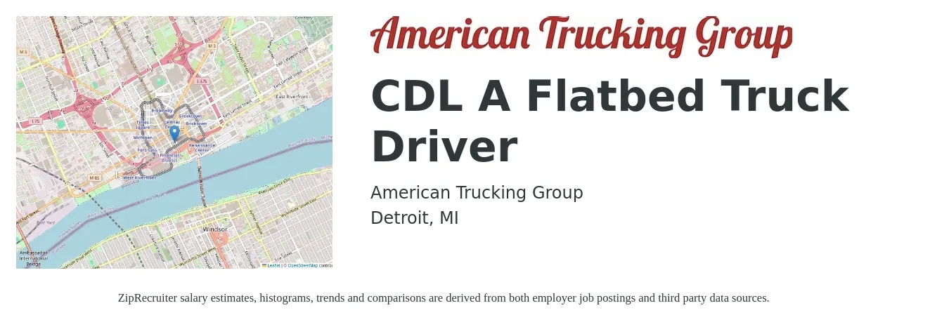 American Trucking Group job posting for a CDL A Flatbed Truck Driver in Detroit, MI with a salary of $5,000 Weekly with a map of Detroit location.
