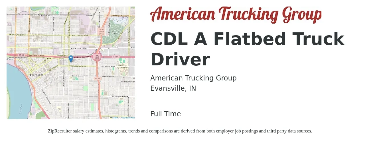 American Trucking Group job posting for a CDL A Flatbed Truck Driver in Evansville, IN with a salary of $5,000 Weekly with a map of Evansville location.
