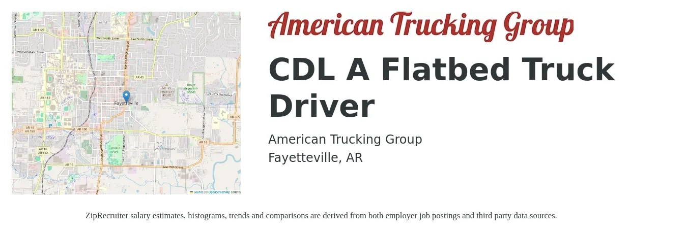American Trucking Group job posting for a CDL A Flatbed Truck Driver in Fayetteville, AR with a salary of $5,000 Weekly with a map of Fayetteville location.
