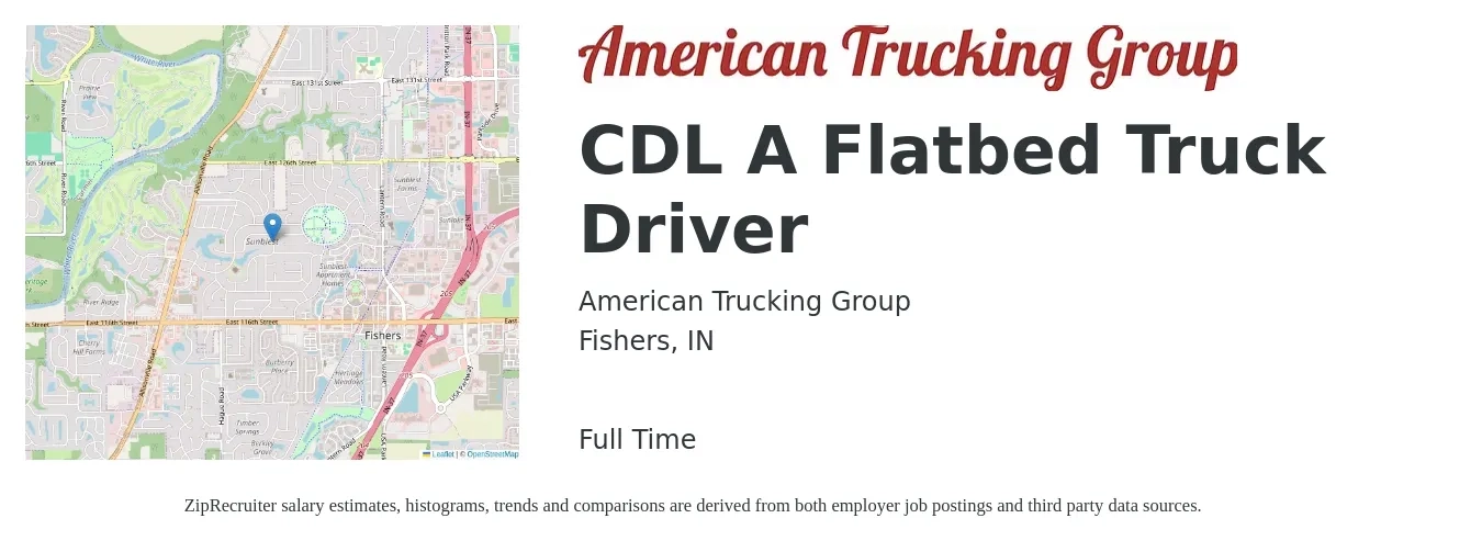 American Trucking Group job posting for a CDL A Flatbed Truck Driver in Fishers, IN with a salary of $5,000 Weekly with a map of Fishers location.