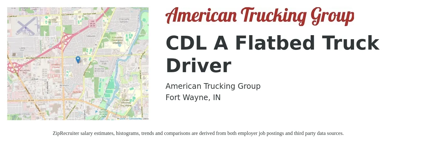 American Trucking Group job posting for a CDL A Flatbed Truck Driver in Fort Wayne, IN with a salary of $5,000 Weekly with a map of Fort Wayne location.