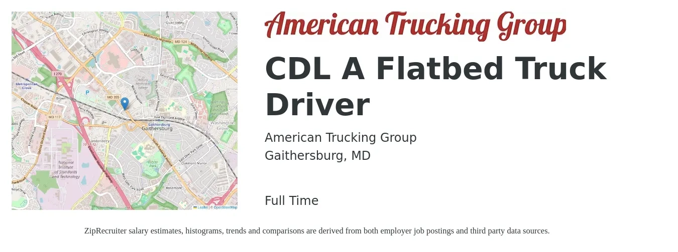 American Trucking Group job posting for a CDL A Flatbed Truck Driver in Gaithersburg, MD with a salary of $5,000 Weekly with a map of Gaithersburg location.