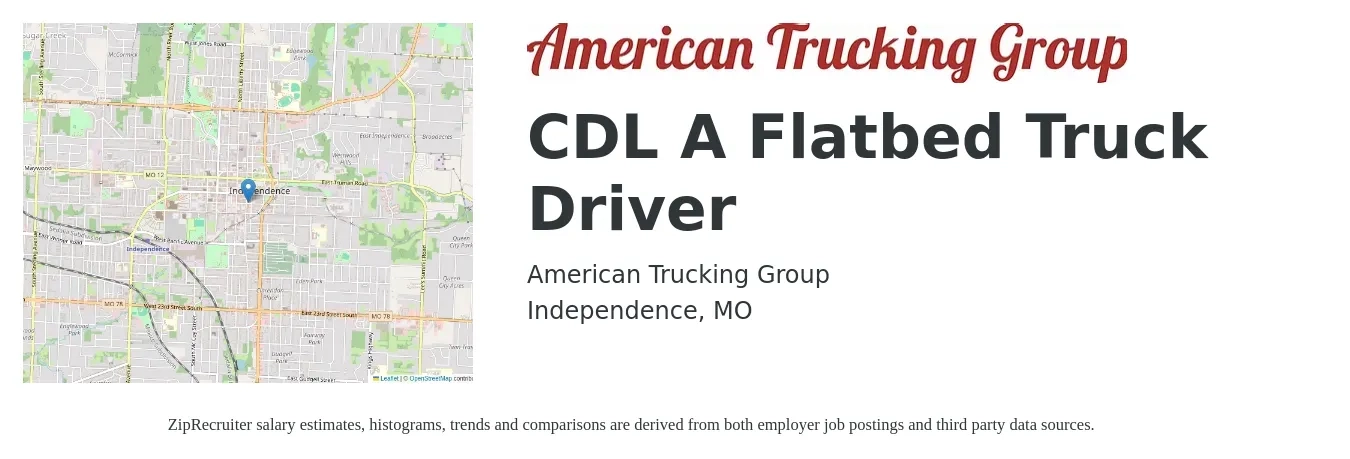 American Trucking Group job posting for a CDL A Flatbed Truck Driver in Independence, MO with a salary of $5,000 Weekly with a map of Independence location.