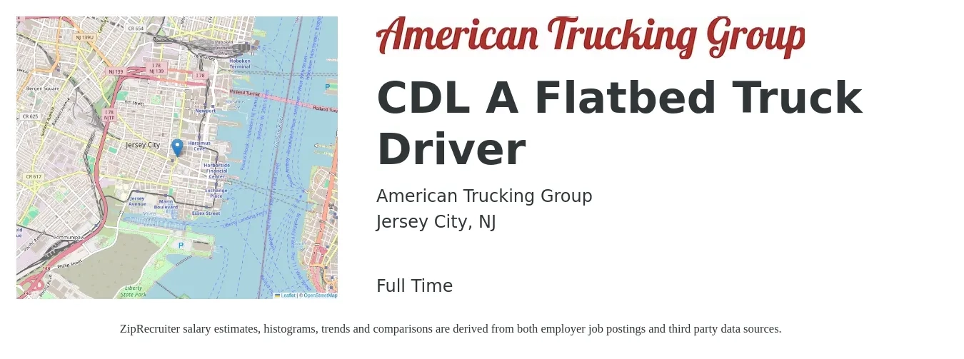 American Trucking Group job posting for a CDL A Flatbed Truck Driver in Jersey City, NJ with a salary of $5,000 Weekly with a map of Jersey City location.