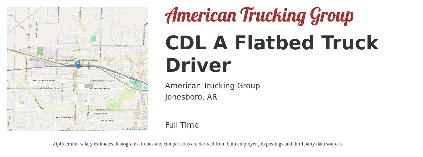American Trucking Group job posting for a CDL A Flatbed Truck Driver in Jonesboro, AR with a salary of $5,000 Weekly with a map of Jonesboro location.