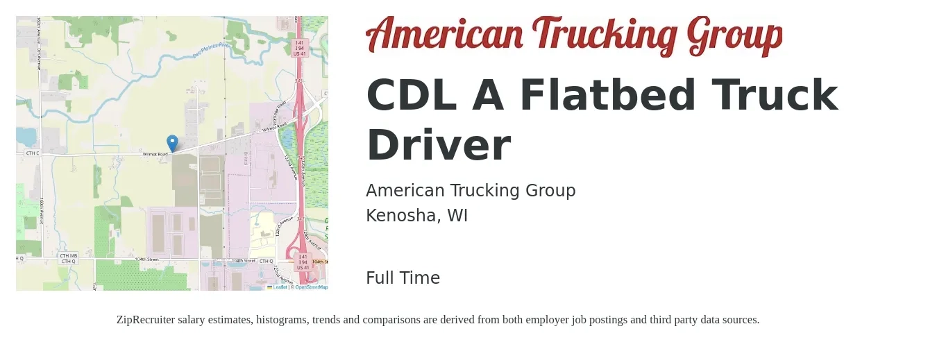 American Trucking Group job posting for a CDL A Flatbed Truck Driver in Kenosha, WI with a salary of $5,000 Weekly with a map of Kenosha location.