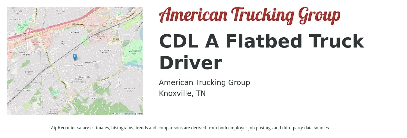 American Trucking Group job posting for a CDL A Flatbed Truck Driver in Knoxville, TN with a salary of $5,000 Weekly with a map of Knoxville location.