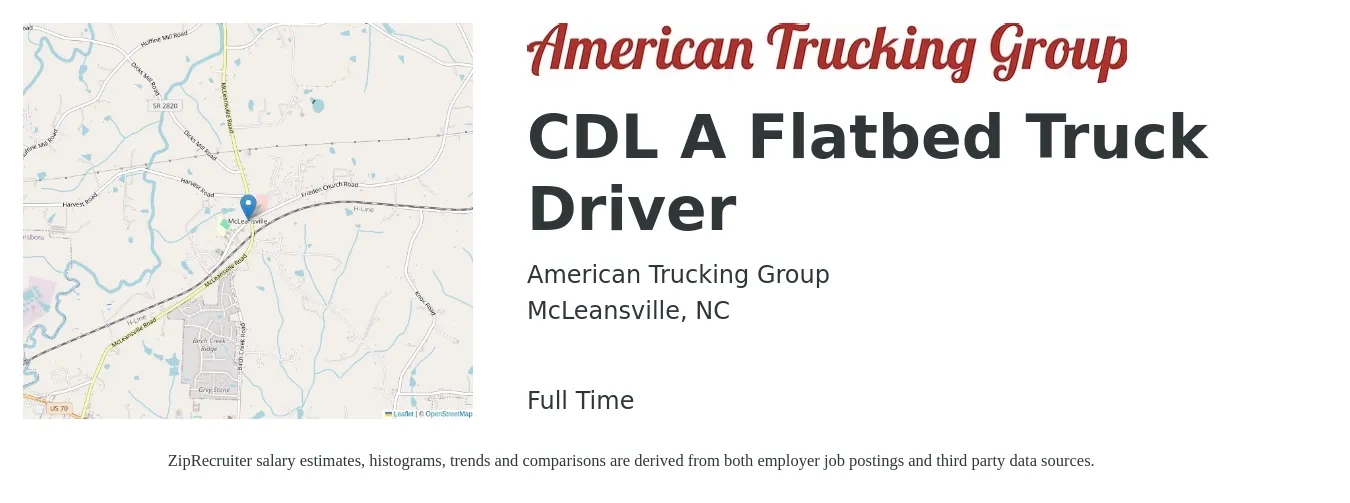 American Trucking Group job posting for a CDL A Flatbed Truck Driver in McLeansville, NC with a salary of $5,000 Weekly with a map of McLeansville location.
