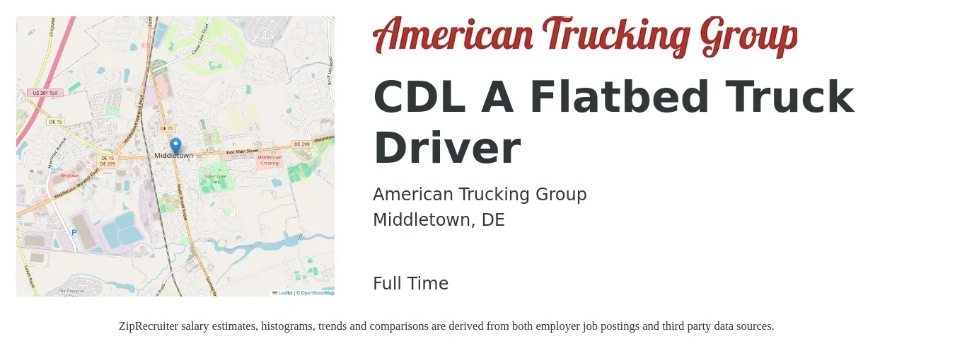 American Trucking Group job posting for a CDL A Flatbed Truck Driver in Middletown, DE with a salary of $5,000 Weekly with a map of Middletown location.