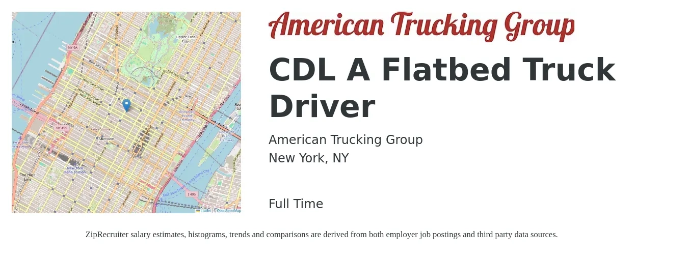 American Trucking Group job posting for a CDL A Flatbed Truck Driver in New York, NY with a salary of $5,000 Weekly with a map of New York location.