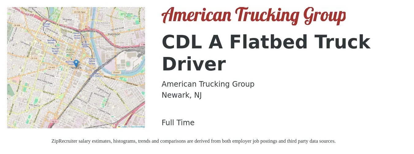 American Trucking Group job posting for a CDL A Flatbed Truck Driver in Newark, NJ with a salary of $5,000 Weekly with a map of Newark location.