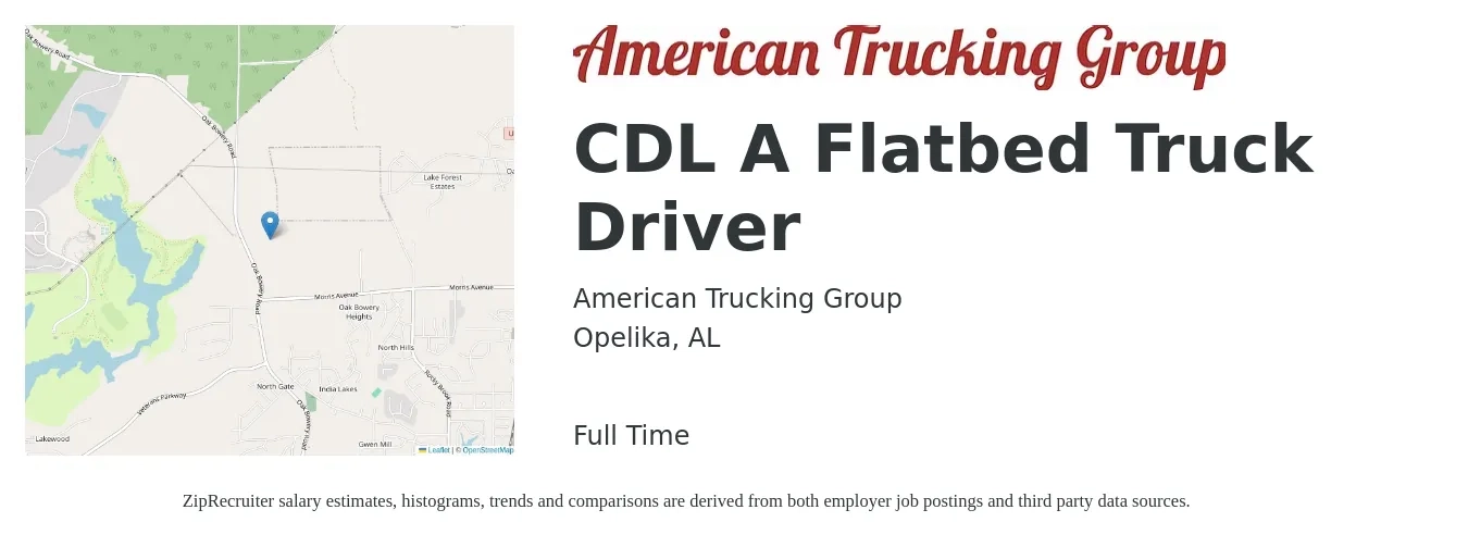 American Trucking Group job posting for a CDL A Flatbed Truck Driver in Opelika, AL with a salary of $5,000 Weekly with a map of Opelika location.