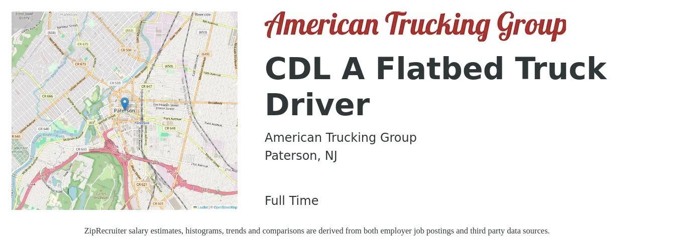 American Trucking Group job posting for a CDL A Flatbed Truck Driver in Paterson, NJ with a salary of $5,000 Weekly with a map of Paterson location.