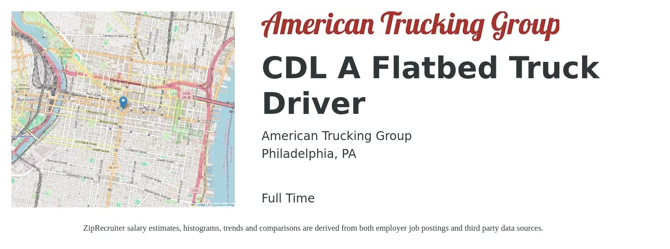 American Trucking Group job posting for a CDL A Flatbed Truck Driver in Philadelphia, PA with a salary of $5,000 Weekly with a map of Philadelphia location.