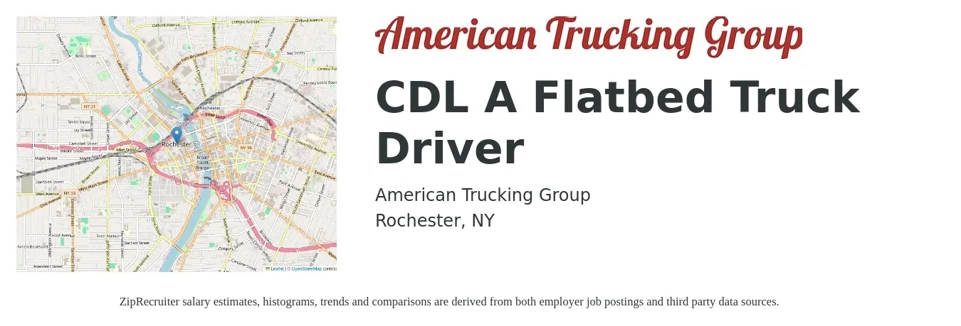 American Trucking Group job posting for a CDL A Flatbed Truck Driver in Rochester, NY with a salary of $5,000 Weekly with a map of Rochester location.