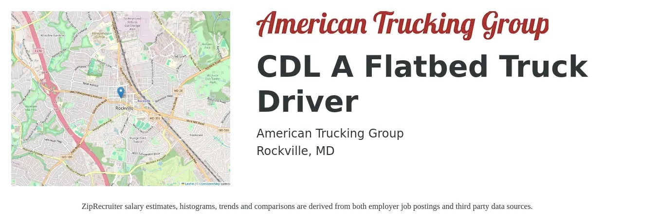 American Trucking Group job posting for a CDL A Flatbed Truck Driver in Rockville, MD with a salary of $5,000 Weekly with a map of Rockville location.