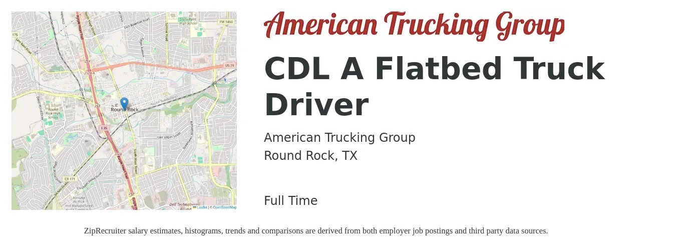American Trucking Group job posting for a CDL A Flatbed Truck Driver in Round Rock, TX with a salary of $5,000 Weekly with a map of Round Rock location.