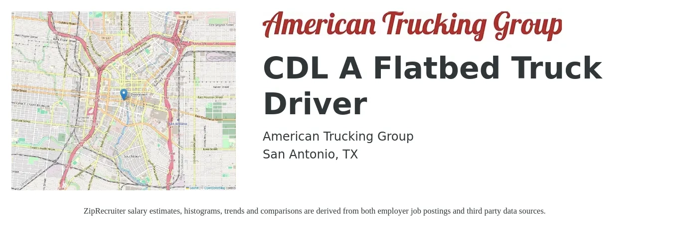 American Trucking Group job posting for a CDL A Flatbed Truck Driver in San Antonio, TX with a salary of $5,000 Weekly with a map of San Antonio location.