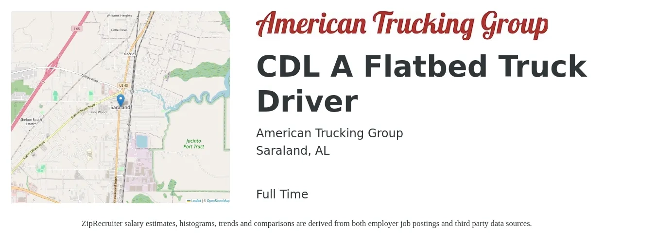 American Trucking Group job posting for a CDL A Flatbed Truck Driver in Saraland, AL with a salary of $5,000 Weekly with a map of Saraland location.