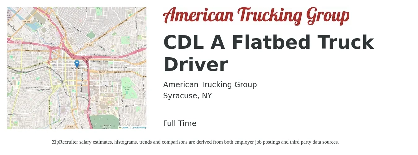 American Trucking Group job posting for a CDL A Flatbed Truck Driver in Syracuse, NY with a salary of $5,000 Weekly with a map of Syracuse location.
