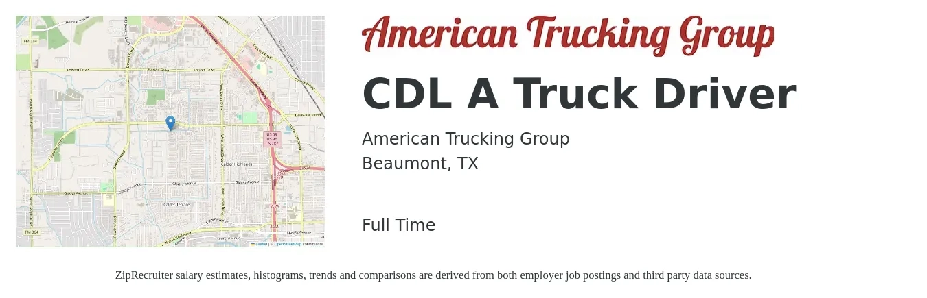 American Trucking Group job posting for a CDL A Truck Driver in Beaumont, TX with a salary of $1,300 to $1,500 Weekly with a map of Beaumont location.