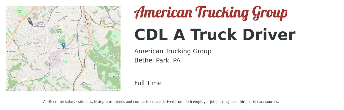 American Trucking Group job posting for a CDL A Truck Driver in Bethel Park, PA with a salary of $1,300 to $1,500 Weekly with a map of Bethel Park location.