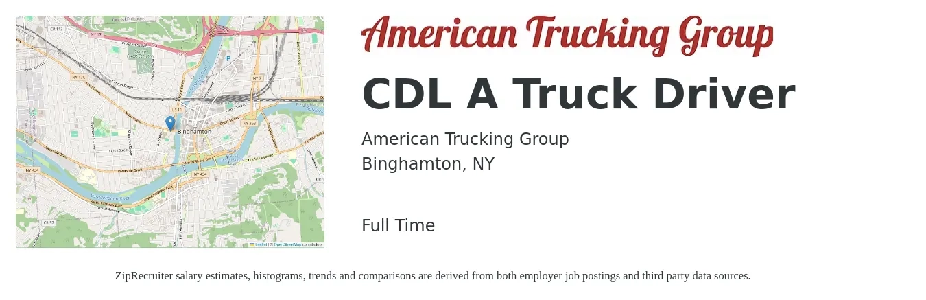 American Trucking Group job posting for a CDL A Truck Driver in Binghamton, NY with a salary of $1,300 to $1,500 Weekly with a map of Binghamton location.