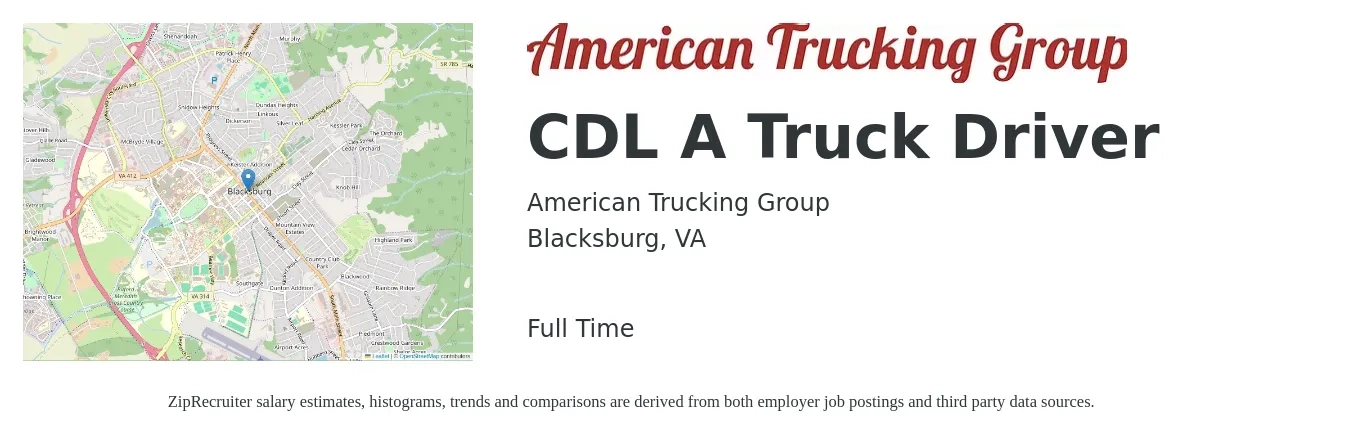 American Trucking Group job posting for a CDL A Truck Driver in Blacksburg, VA with a salary of $1,300 to $1,500 Weekly with a map of Blacksburg location.