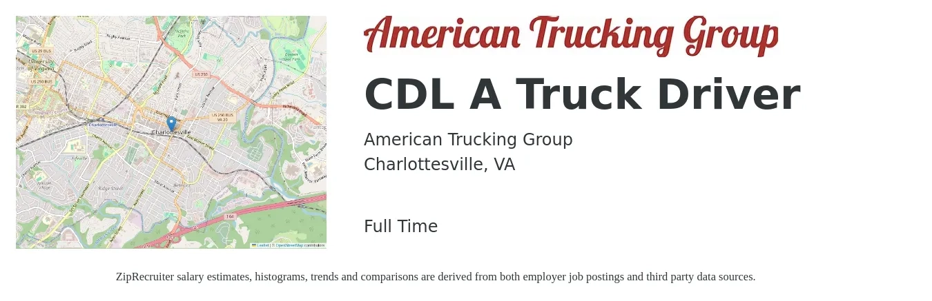 American Trucking Group job posting for a CDL A Truck Driver in Charlottesville, VA with a salary of $1,300 to $1,500 Weekly with a map of Charlottesville location.