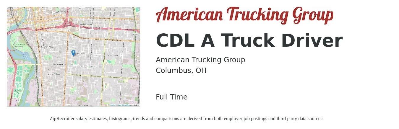 American Trucking Group job posting for a CDL A Truck Driver in Columbus, OH with a salary of $1,300 to $1,500 Weekly with a map of Columbus location.