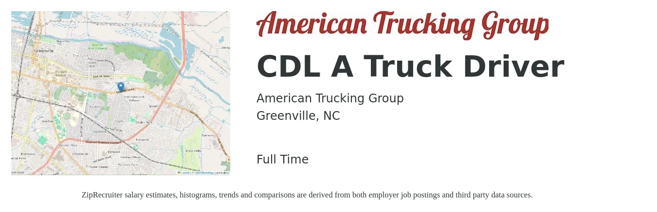 American Trucking Group job posting for a CDL A Truck Driver in Greenville, NC with a salary of $1,300 to $1,500 Weekly with a map of Greenville location.