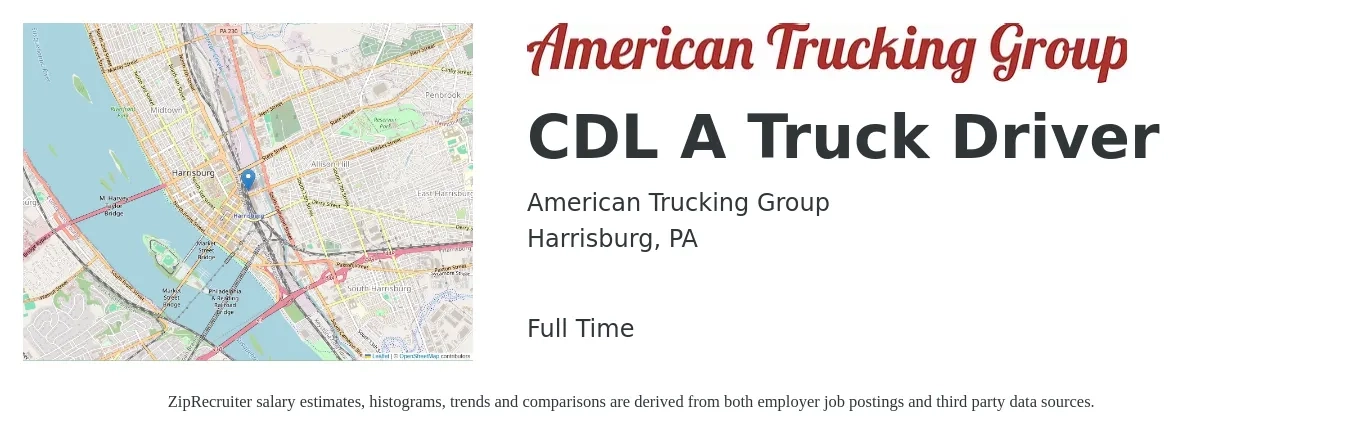 American Trucking Group job posting for a CDL A Truck Driver in Harrisburg, PA with a salary of $1,300 to $1,500 Weekly with a map of Harrisburg location.