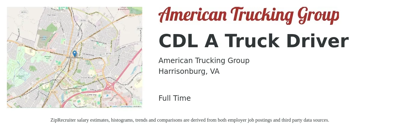 American Trucking Group job posting for a CDL A Truck Driver in Harrisonburg, VA with a salary of $1,300 to $1,500 Weekly with a map of Harrisonburg location.