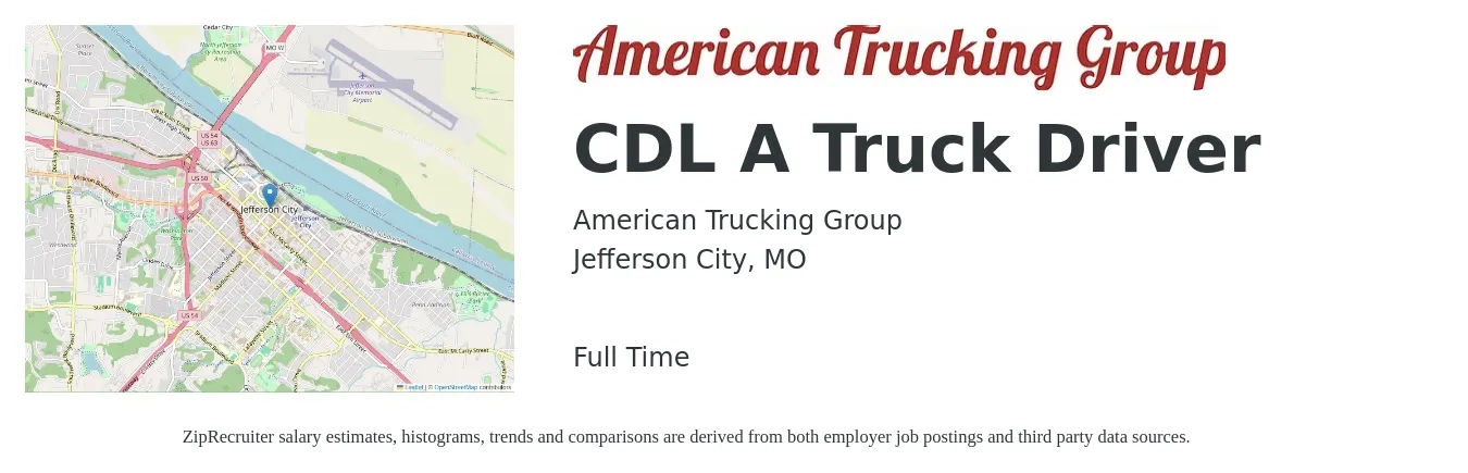 American Trucking Group job posting for a CDL A Truck Driver in Jefferson City, MO with a salary of $1,300 to $1,500 Weekly with a map of Jefferson City location.
