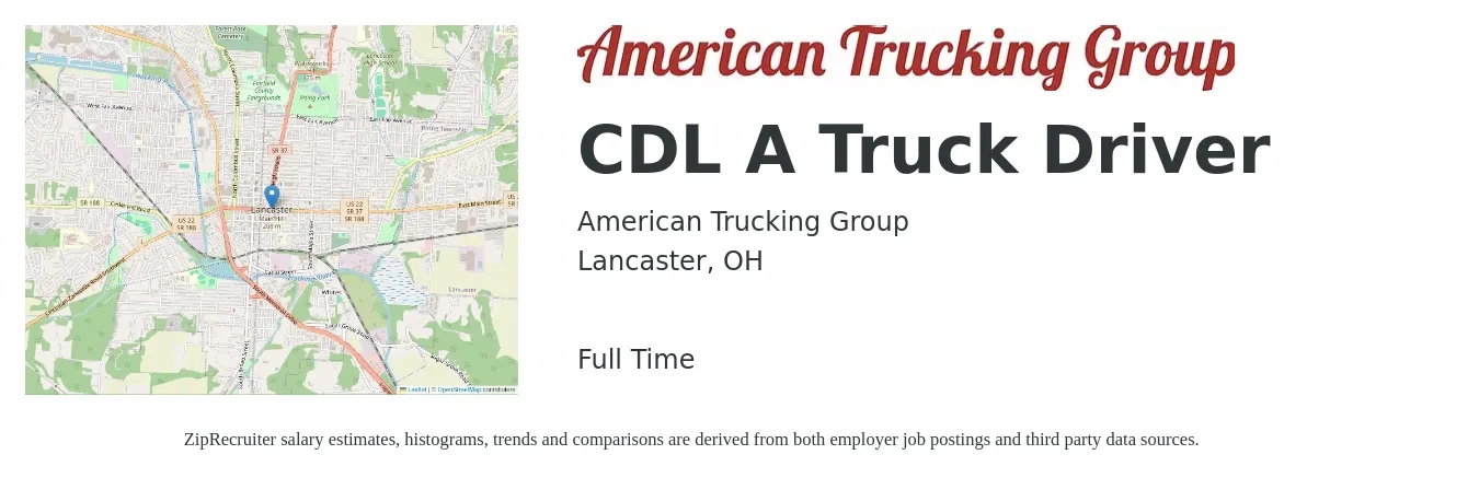 American Trucking Group job posting for a CDL A Truck Driver in Lancaster, OH with a salary of $1,300 to $1,500 Weekly with a map of Lancaster location.