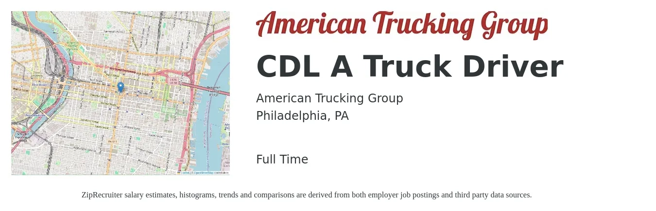 American Trucking Group job posting for a CDL A Truck Driver in Philadelphia, PA with a salary of $1,300 to $1,500 Weekly with a map of Philadelphia location.