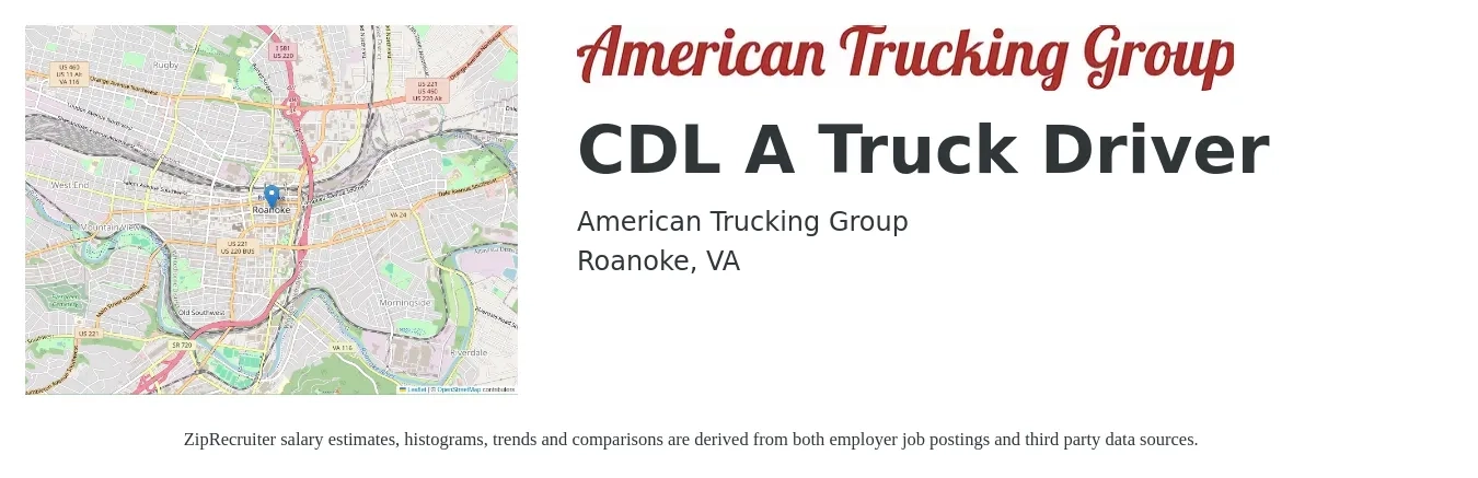 American Trucking Group job posting for a CDL A Truck Driver in Roanoke, VA with a salary of $1,300 to $1,500 Weekly with a map of Roanoke location.
