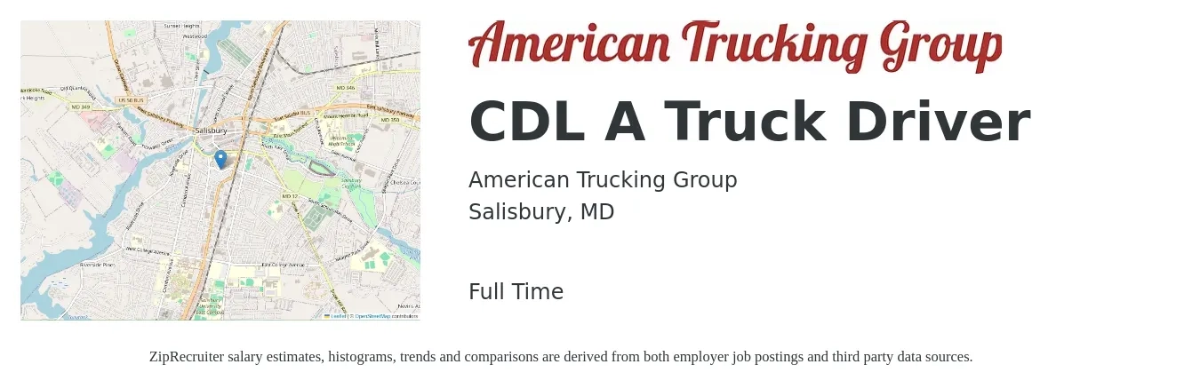 American Trucking Group job posting for a CDL A Truck Driver in Salisbury, MD with a salary of $1,300 to $1,500 Weekly with a map of Salisbury location.