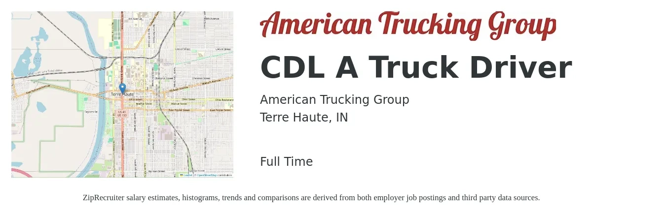 American Trucking Group job posting for a CDL A Truck Driver in Terre Haute, IN with a salary of $1,300 to $1,500 Weekly with a map of Terre Haute location.