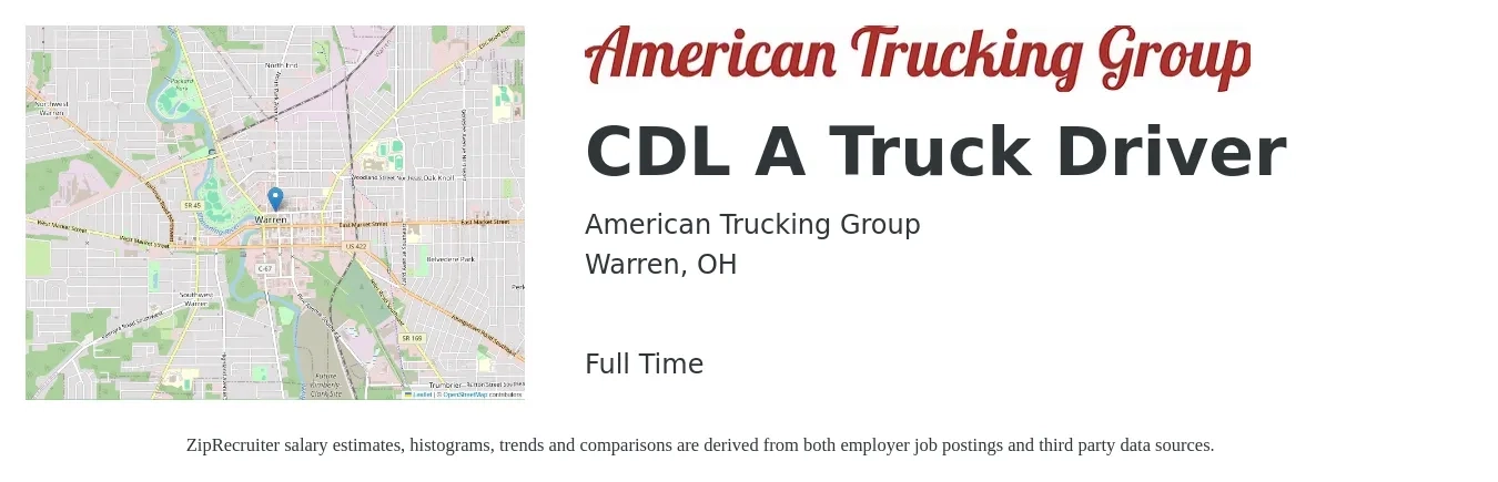 American Trucking Group job posting for a CDL A Truck Driver in Warren, OH with a salary of $1,300 to $1,500 Weekly with a map of Warren location.