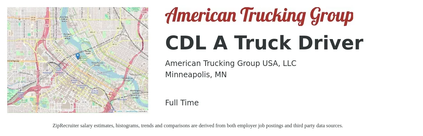 American Trucking Group USA, LLC job posting for a CDL A Truck Driver in Minneapolis, MN with a salary of $1,450 to $1,650 Weekly with a map of Minneapolis location.