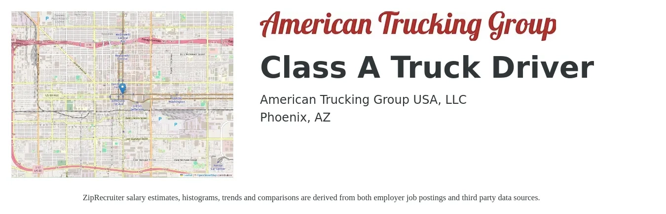 American Trucking Group USA, LLC job posting for a Class A Truck Driver in Phoenix, AZ with a salary of $1,650 to $2,000 Weekly with a map of Phoenix location.